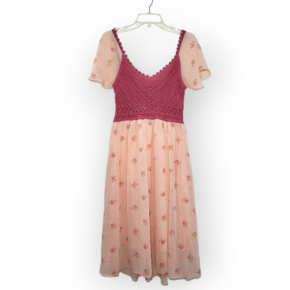Free People Flutter Sleeve Crochet Top Floral Dress Pink